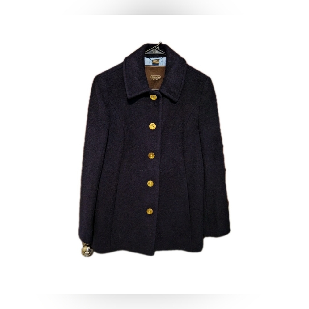 COACH Classic Wool/mohair Blend Car Coat Navy  Gold Logo Buttons-‎ Size Small